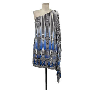 Jay Godfrey Paradis Silk One Shoulder Aztec Print Mini Dress‎ Gray Blue Size 6